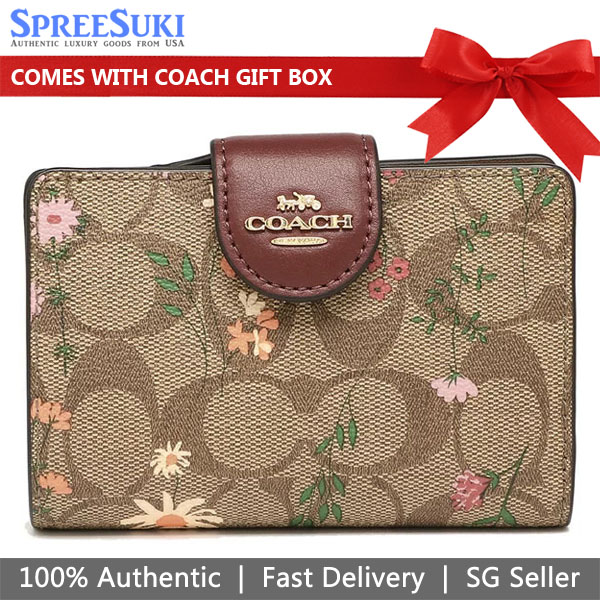 Coach Wallet In Gift Box Medium Wallet Medium Corner Zip Wallet In Signature Canvas With Wildflower Print Khaki # C8730