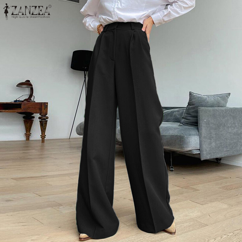 ZANZEA Womens High Waist Zipper OL Business Trousers Wide Leg Loose Casual Pants #15
